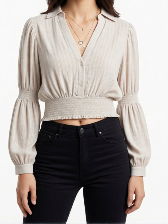 Fate Tops - Fate Cream Collared Smocked Waist Puff Sleeve Crop Blouse S Cottagecore Boho